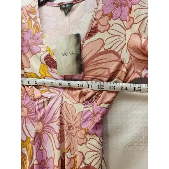 Lily Rose Women Dress XS Floral Belted Fit & Flare Mini V Neck 70's Puff Sleeve - Picture 5 of 9